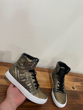 Supra Shiny Gold Punk Rock Biker High Top Boots Metallic Leather Lace Size 6